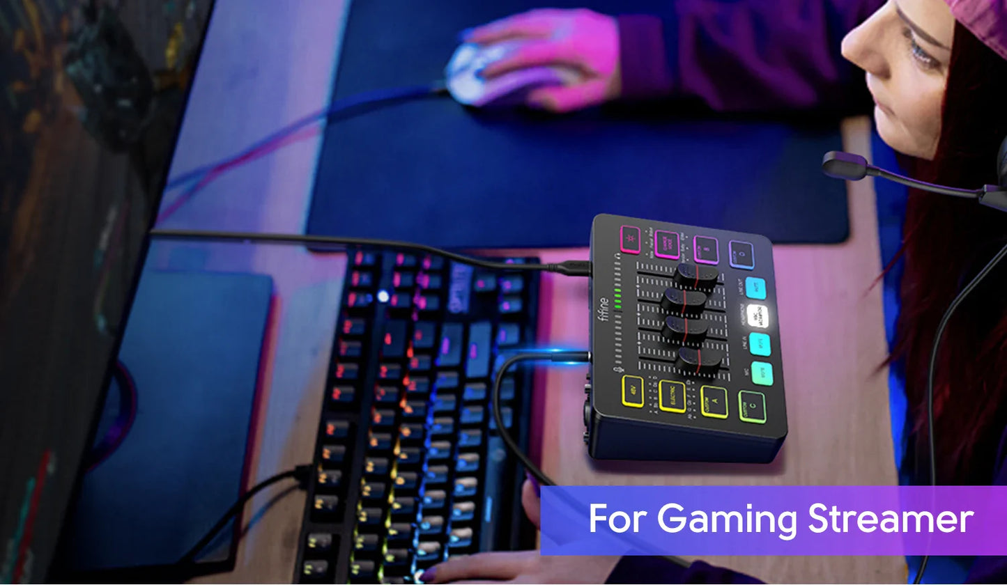 FIFINE 4-Channel RGB Gaming Audio Mixer – XLR Mic Interface for Streaming, Podcast & Game Voice