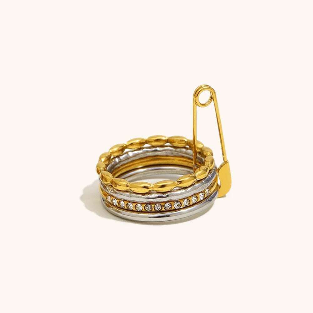 La. Muses 4-Layer Zircon Bead Stainless Steel Women’s Ring with Pin Loop Buckle – Trendy PVD Jewelry Gift