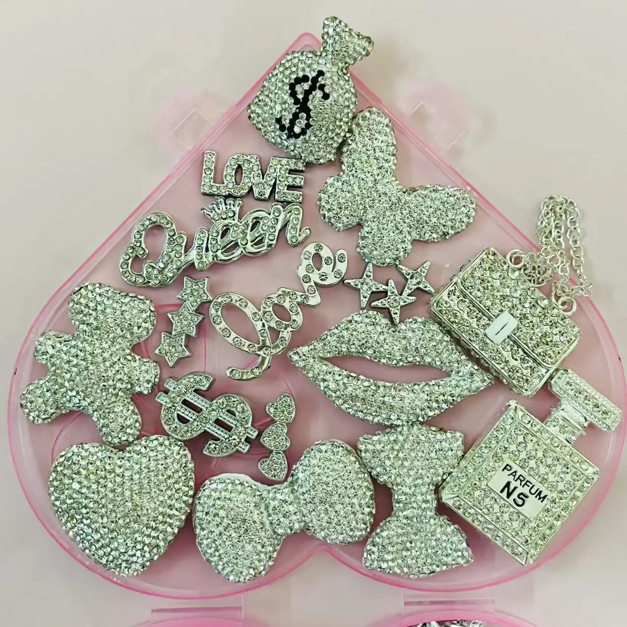 43PCS Luxury Charm Set — Diamond Bow, Perfume Bottle, Butterfly & Lip Decorations for Phone Case, Purse, and DIY Crafts