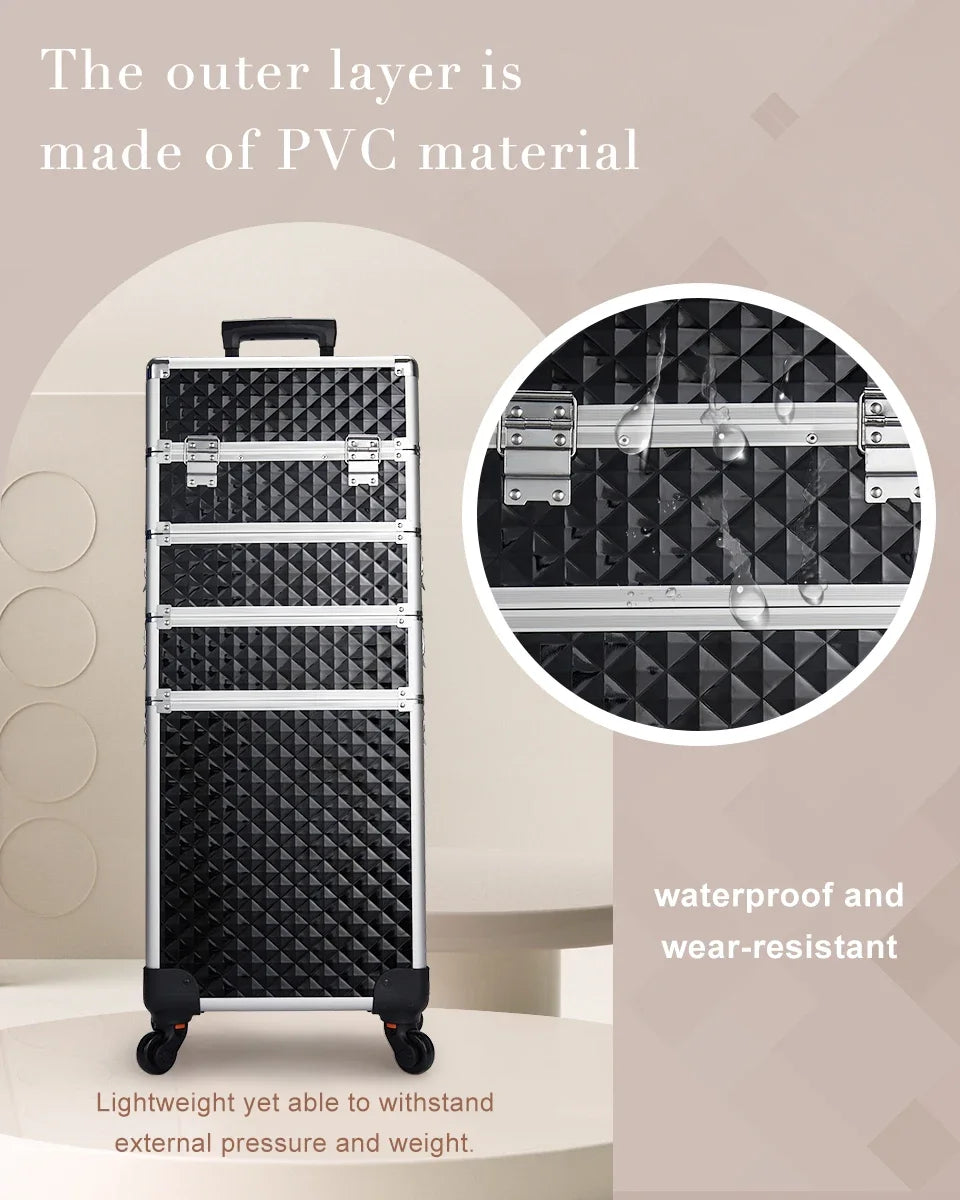 Makeup Trolley Case 4-in-1 — Detachable Alloy Train Briefcase with Wheels, Lockable Large Capacity Storage for Nail Manicure Salon