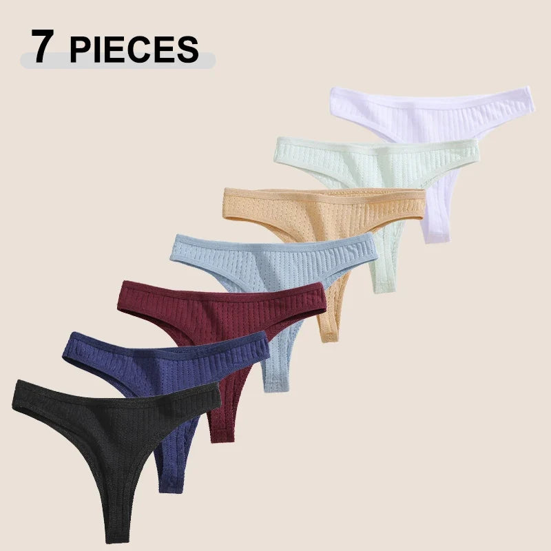 7Pcs Women’s Cotton Thong Set - Seamless Breathable Low Waist Bikini G-String Panties Sexy Lingerie S-XL