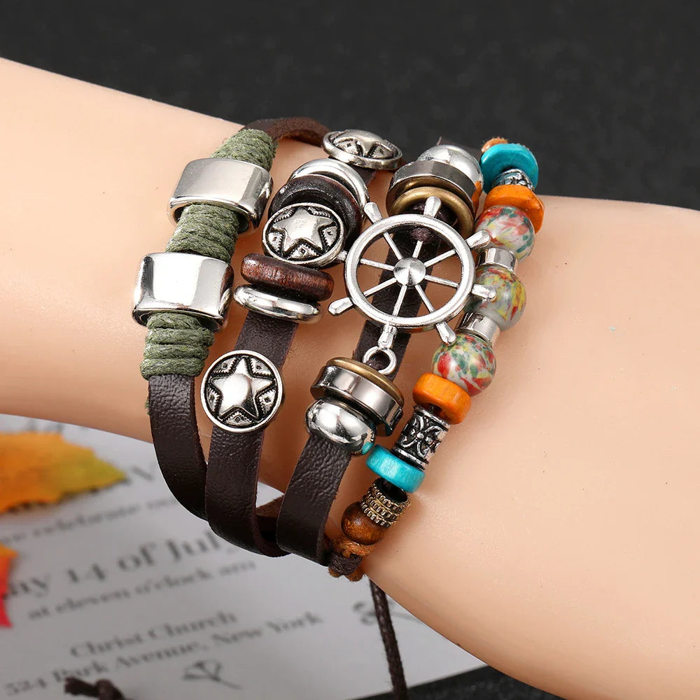 Vintage Gothic Punk Moon & Star Metal Bracelet - Multilayer Leather Bangle for Men, Leaf & Sun Arm Jewelry