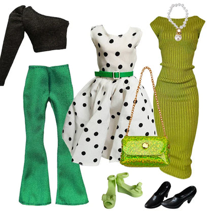 1/6 Doll Clothes Set — Handmade Fashion Outfits with Green Dress, Bag & Shoes for 12-Inch (30cm) Dolls