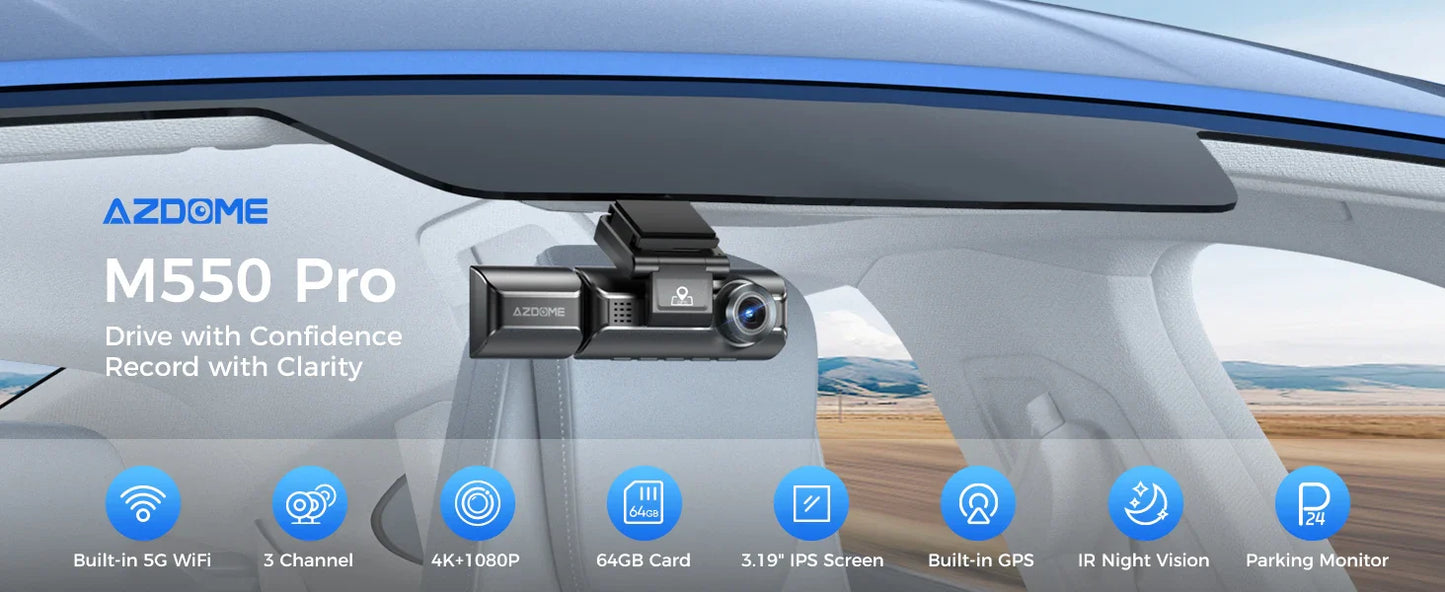 AZDOME M550 Pro 4K Car DVR Dash Cam – WiFi 5.8GHz, Front/Cabin/Rear Cameras, GPS, Night Vision & Parking Monitor