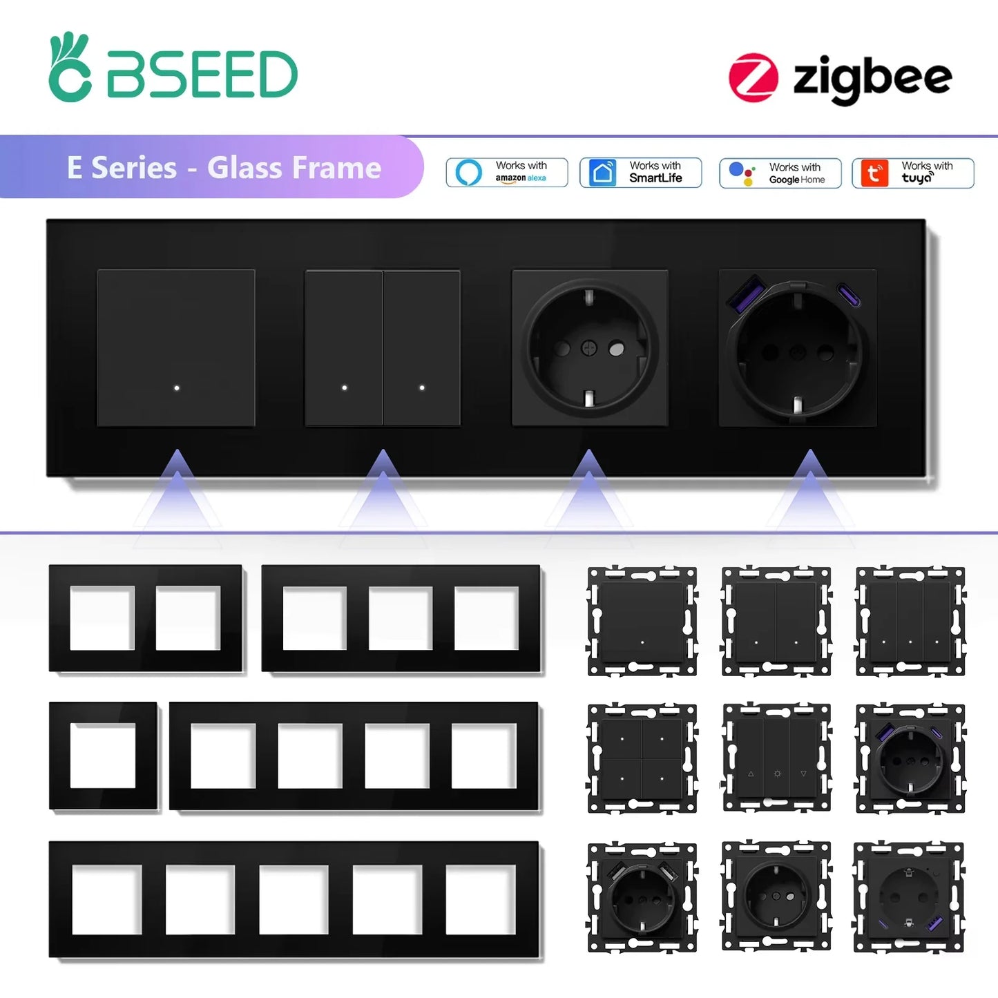 BSEED Zigbee Smart Wall Switch Parts – EU Power Outlet & Glass Frame DIY Combo