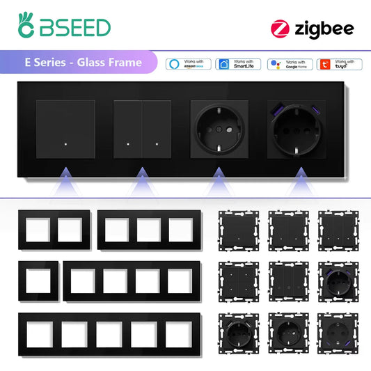 BSEED Zigbee Smart Wall Switch Parts – EU Power Outlet & Glass Frame DIY Combo
