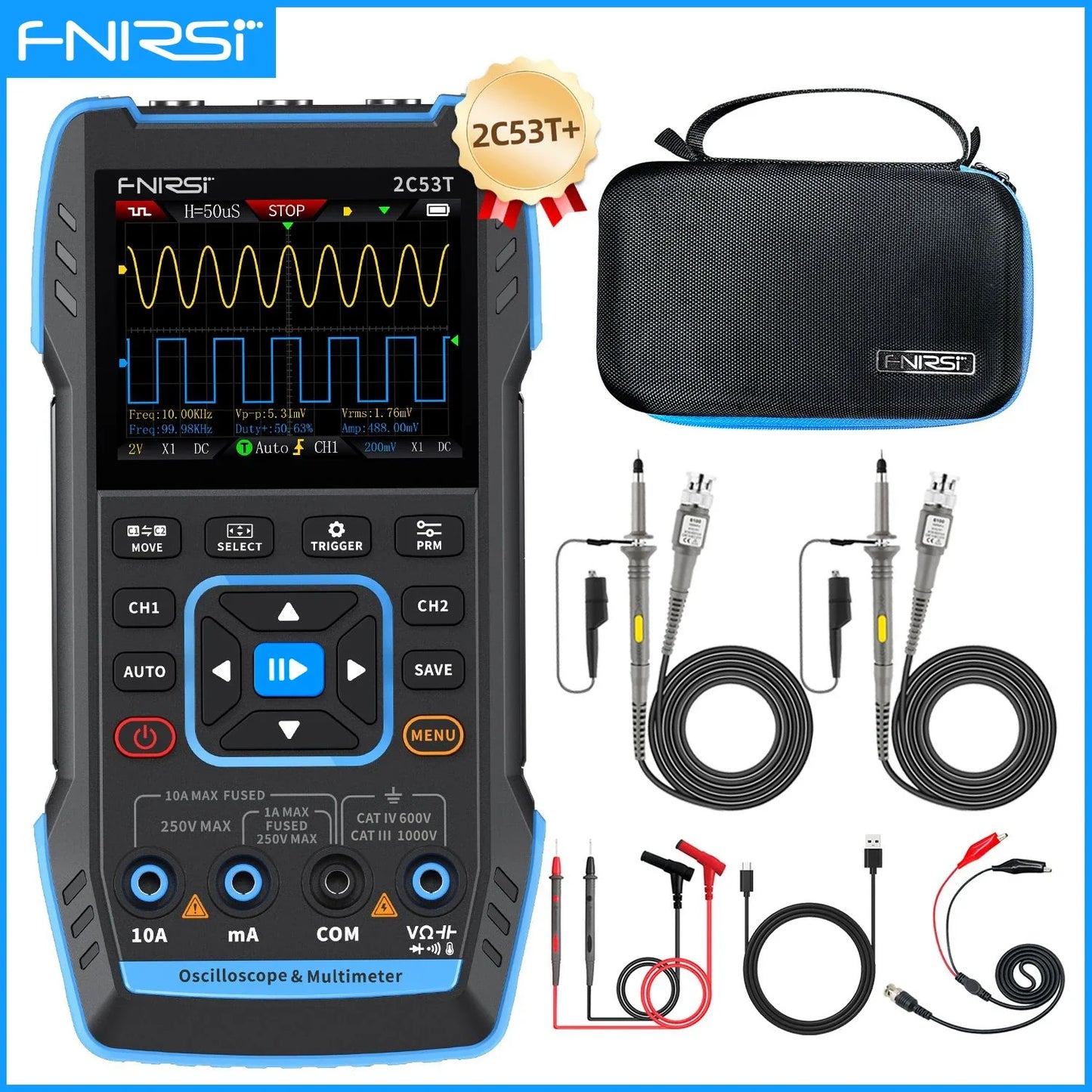 FNIRSI 2C23T / 2C53T 50MHz Handheld 3-in-1 Digital Oscilloscope Multimeter Signal Generator Dual Channel Automotive Diagnostic Tool