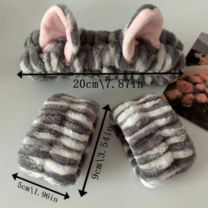 3PCS Cat Ear Plush Headband Set - Soft Face Washing Headband with Wrist Straps for Girls