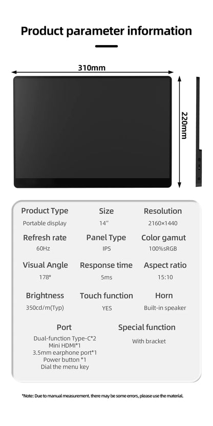 ZSUS 14" 2K Portable Monitor – 2160x1440 60Hz Display for Laptop, Xbox, PS4/5, Switch & PC