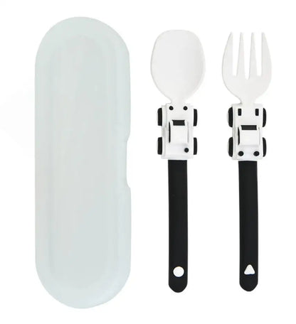 Kids Cartoon Race Car Spoon & Fork Set - Self Feeding Children's Food Supplement Utensils for Toddlers