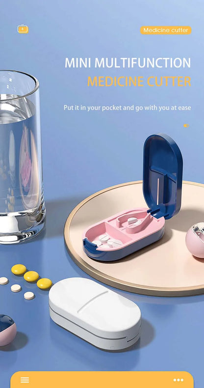 2-in-1 Pill Cutter with Invisible Storage Box – Portable Mini Tablet & Medicine Crusher, Dustproof Divider Organizer