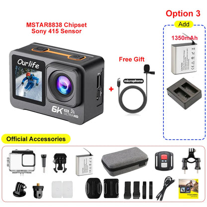 6K 4K60FPS Action Camera – 50MP Dual Screen, 2.0" Touch LCD, EIS, WiFi, 170° Lens, 30M Waterproof, 5X Zoom with Remote