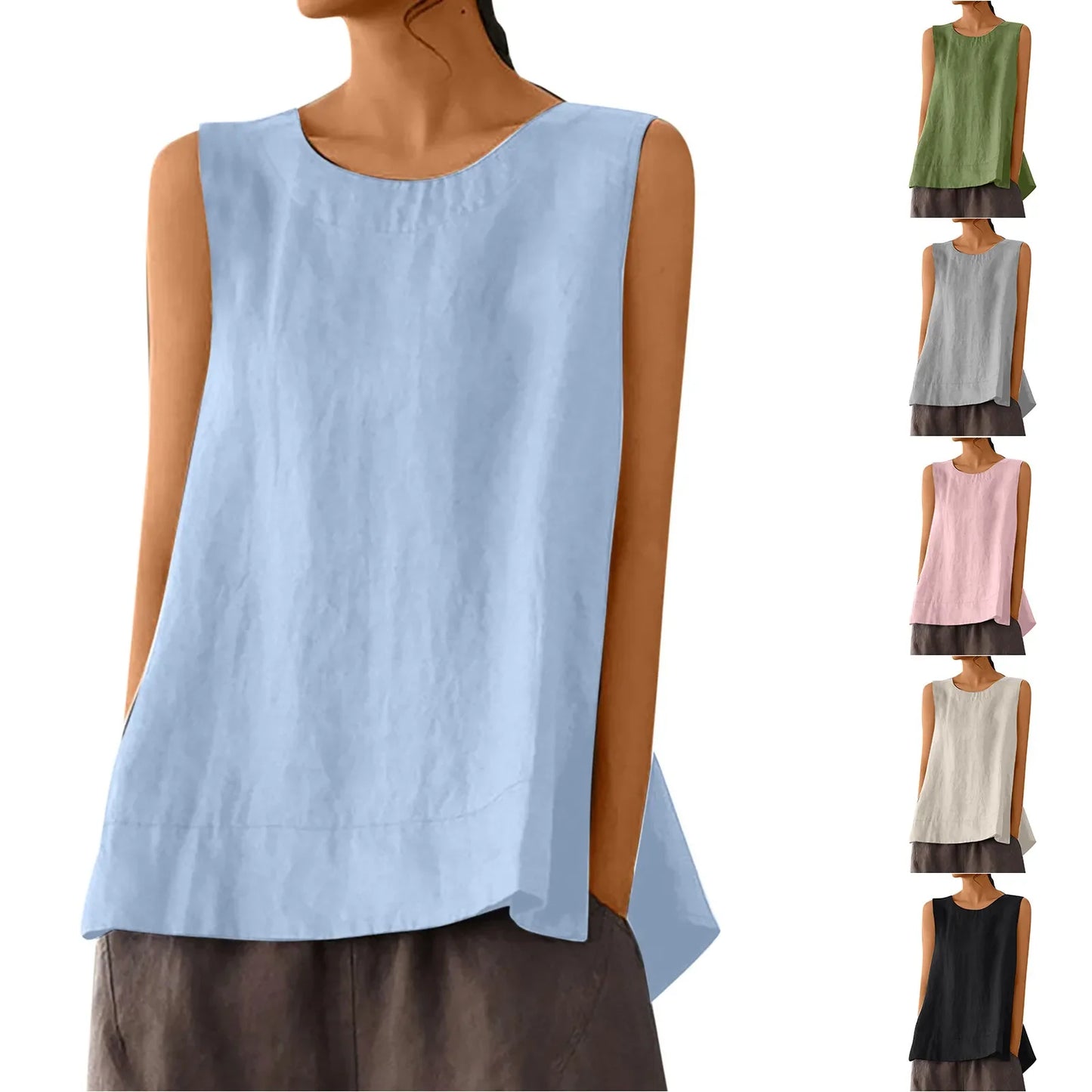 Women’s Summer Oversized Linen Vest Top - Retro Solid Color Sleeveless Round Neck Casual Breathable Shirt