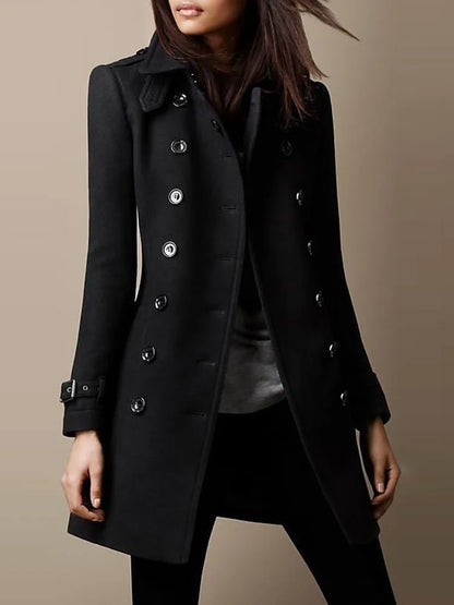 Winter Ladies Woolen Jacket – Double-Breasted Flap Lapel, Slim Fit, Elegant Solid Top Coat, Lined Women’s Outerwear 2024