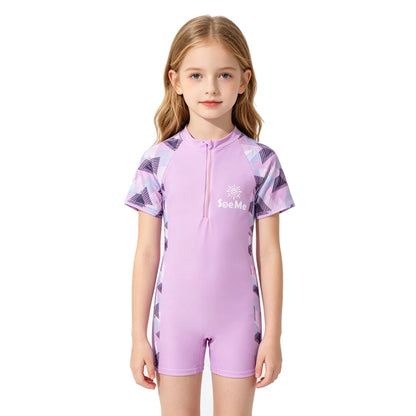 Girls' Pink One-Piece Swimsuit - Cute Short-Sleeve Kids Beach Swimwear for Ages 3–10