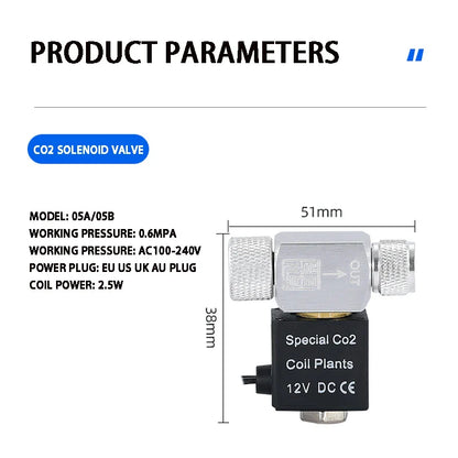 ZRDR Aquarium CO2 Solenoid Valve Regulator – 110V-220V Electric Magnetic Valve for Fish Tanks, Low Temperature, EU/US DC12V