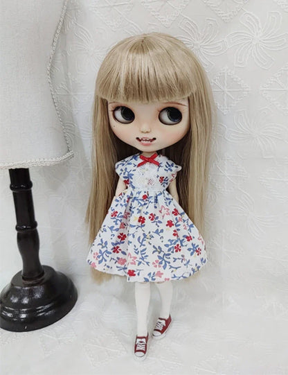 Blythe Doll Clothes – Wine Red & White Princess Dress with Lace for YMY, Licca, Azone OB24/OB27 Dolls