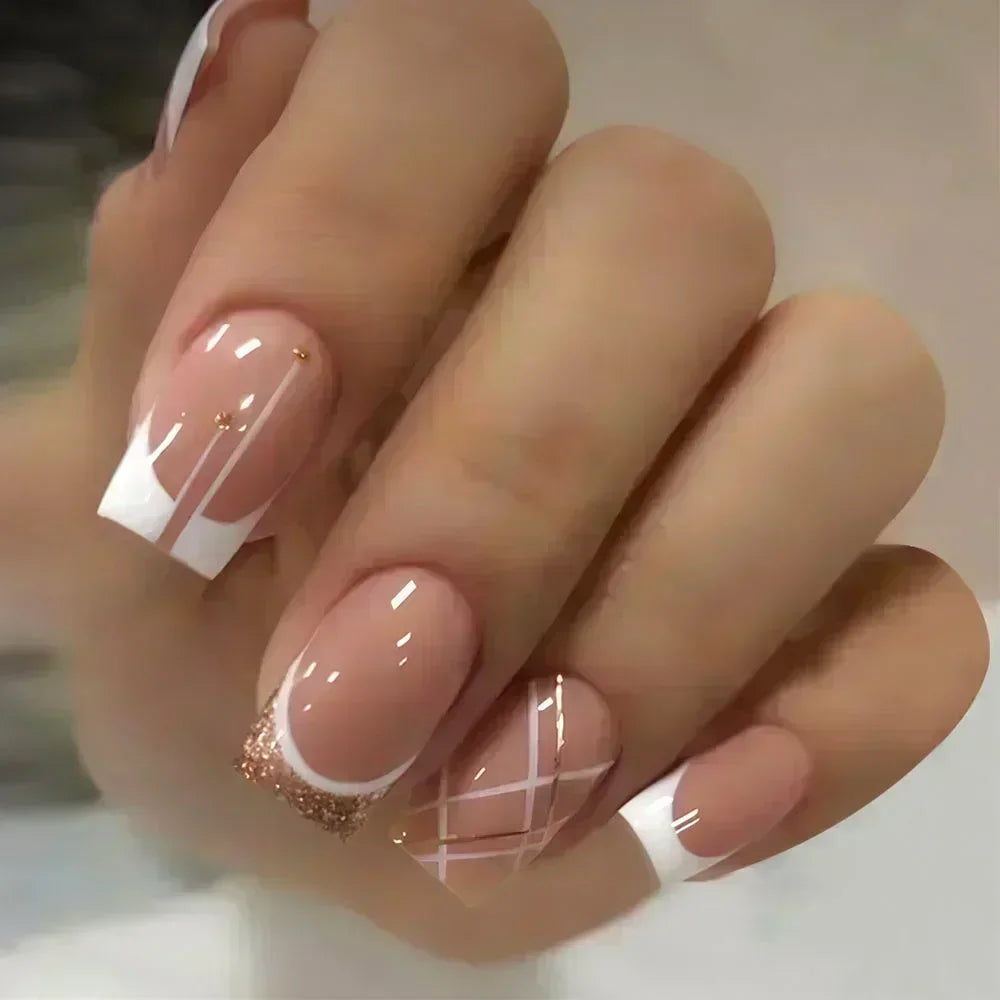 24PCS Short Square Coffin False Nails – French Glitter Acrylic Press-On Nail Tips with Glue, Wearable Fake Nails Set