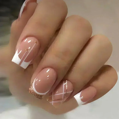 24PCS Short Square Coffin False Nails – French Glitter Acrylic Press-On Nail Tips with Glue, Wearable Fake Nails Set
