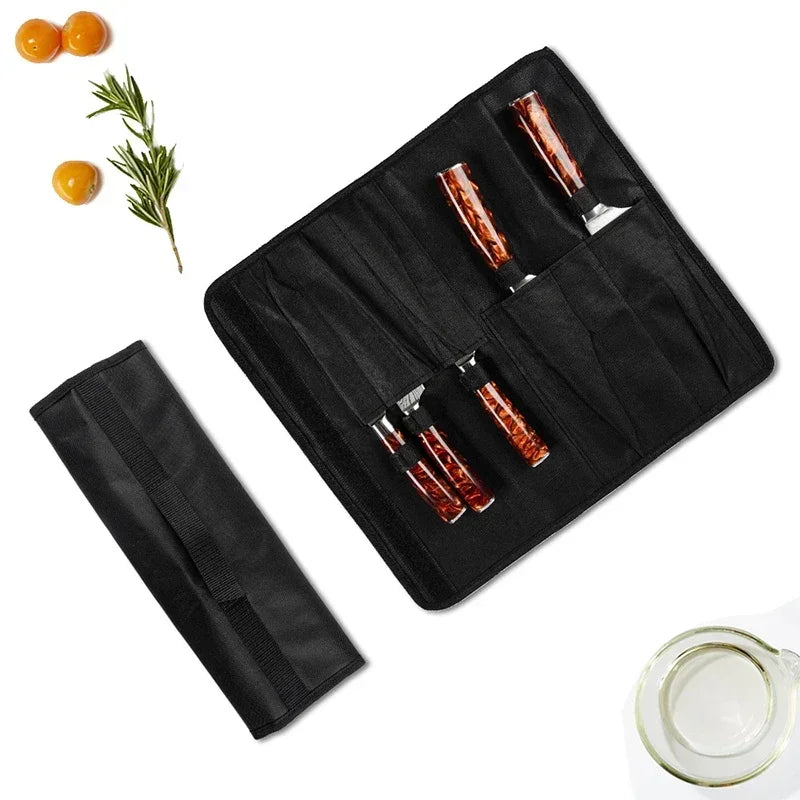 Black Chef Knife Roll Bag – 5-Pocket Oxford Fabric Portable Kitchen Knife Storage & Carrying Case for Cooking Tools