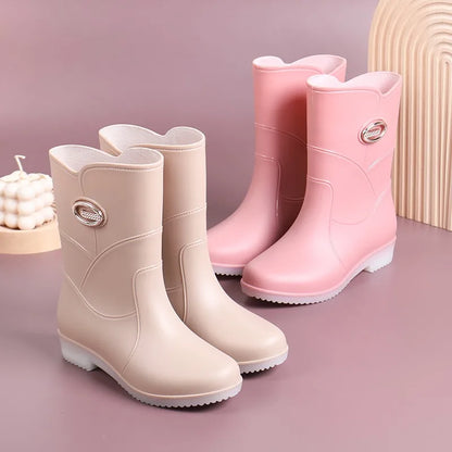 Women’s Fashion Mid-Tube Rain Boots – Wear-Resistant, Waterproof Rubber Shoes with Thick Sole, Non-Slip & Cotton Lining