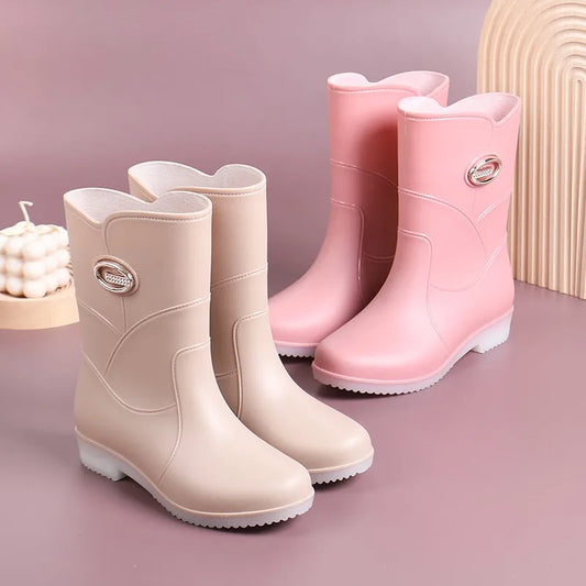 Women’s Fashion Mid-Tube Rain Boots – Wear-Resistant, Waterproof Rubber Shoes with Thick Sole, Non-Slip & Cotton Lining