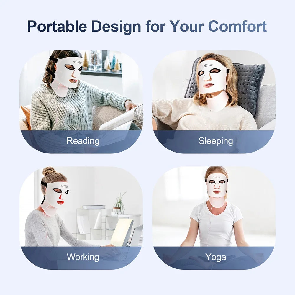 Silicone LED Mask with Neck – 7-Color Photon Red Light & Infrared Therapy, Flexible Wireless Facial Skin Repair Mask