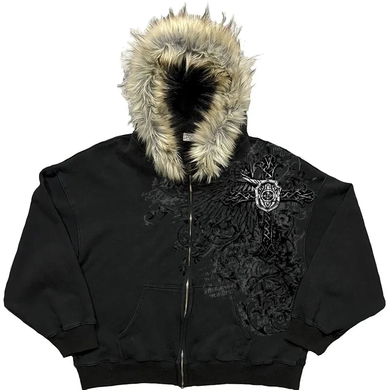 Y2K Unisex Graphic Hoodie Jacket - Thick Warm Zip-Up Streetwear for Fall and Winter