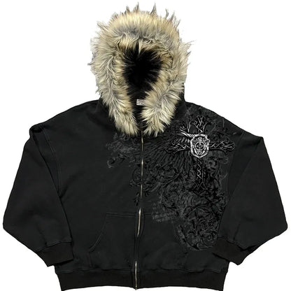 Y2K Unisex Graphic Hoodie Jacket - Thick Warm Zip-Up Streetwear for Fall and Winter