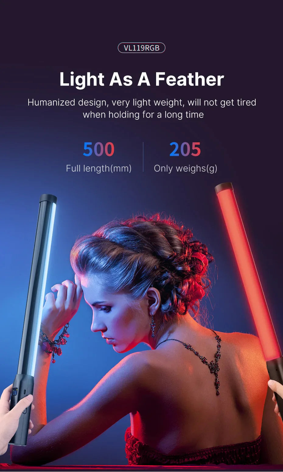 Ulanzi VL119 19.68" Handheld RGB LED Stick Light – Colorful Photography Wand with CRI 95+, 2500K-9000K Studio Lamp