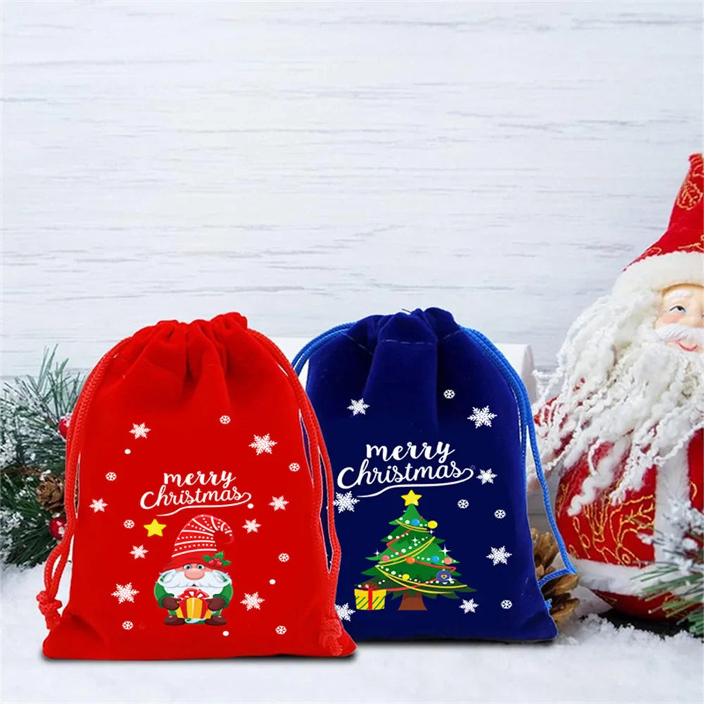 2025 Christmas Velvet Drawstring Bags – Red & Green Candy, Gift, Party, and Biscuit Storage Pouches