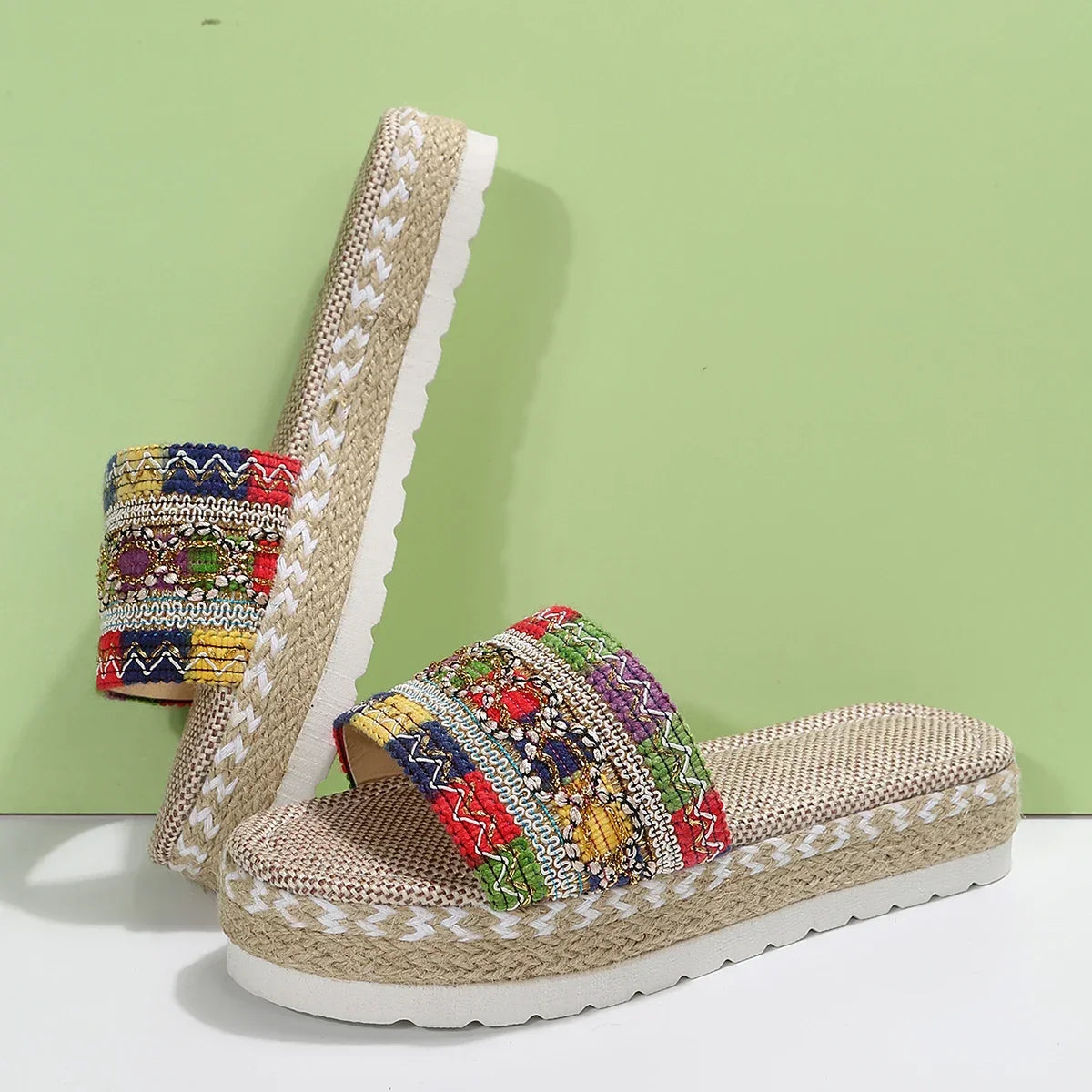 Bohemian Weave Women's Platform Slippers – Handmade Espadrille Sandals, Summer 2023 Beach & Casual Heels