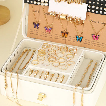 104-Piece Fashion Jewelry Set - Metal Pearl & Zircon Butterfly Earrings, Necklace, Bracelet and Rings for Women