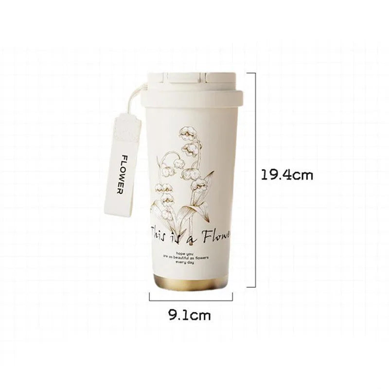 Woman's Flower Coffee Mug 500ml - 316 Stainless Steel Vacuum Flask with Straw & Direct Drinking Insulated Thermal Cup
