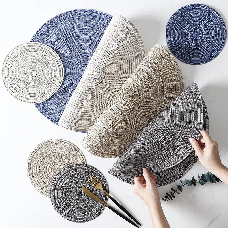Set of 6 Round Woven Ramie Placemats - Anti-Slip Dining Table Mats and Non-Slip Drink Coasters