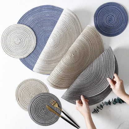 Set of 6 Round Woven Ramie Placemats - Anti-Slip Dining Table Mats and Non-Slip Drink Coasters