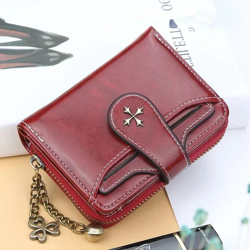 Women’s PU Leather Wallet — Short Hasp Coin & Card Holder, Small Money Bag Clutch in Blue & Red