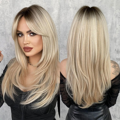 7JHH Honey Blonde Wig with Bangs - Long Brown Layered Heat Resistant Synthetic Wig for Women, Daily Use