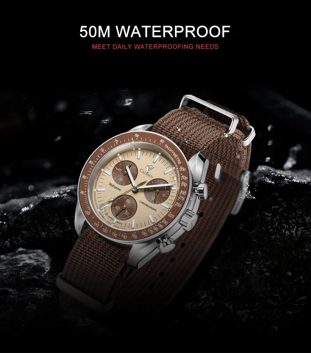 CADISEN Men's Luxury Watch – Quartz VK68 Chronograph, Sapphire AR Crystal, Canvas Strap Speed Style Wristwatch