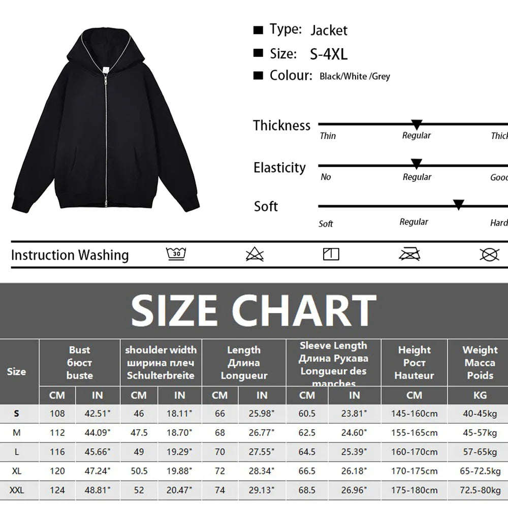Men’s Harajuku Zip-Up Hoodie Jacket – Retro Black Oversized Long Sleeve Sweatshirt Coat