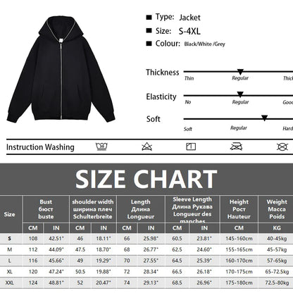 Men’s Harajuku Zip-Up Hoodie Jacket – Retro Black Oversized Long Sleeve Sweatshirt Coat
