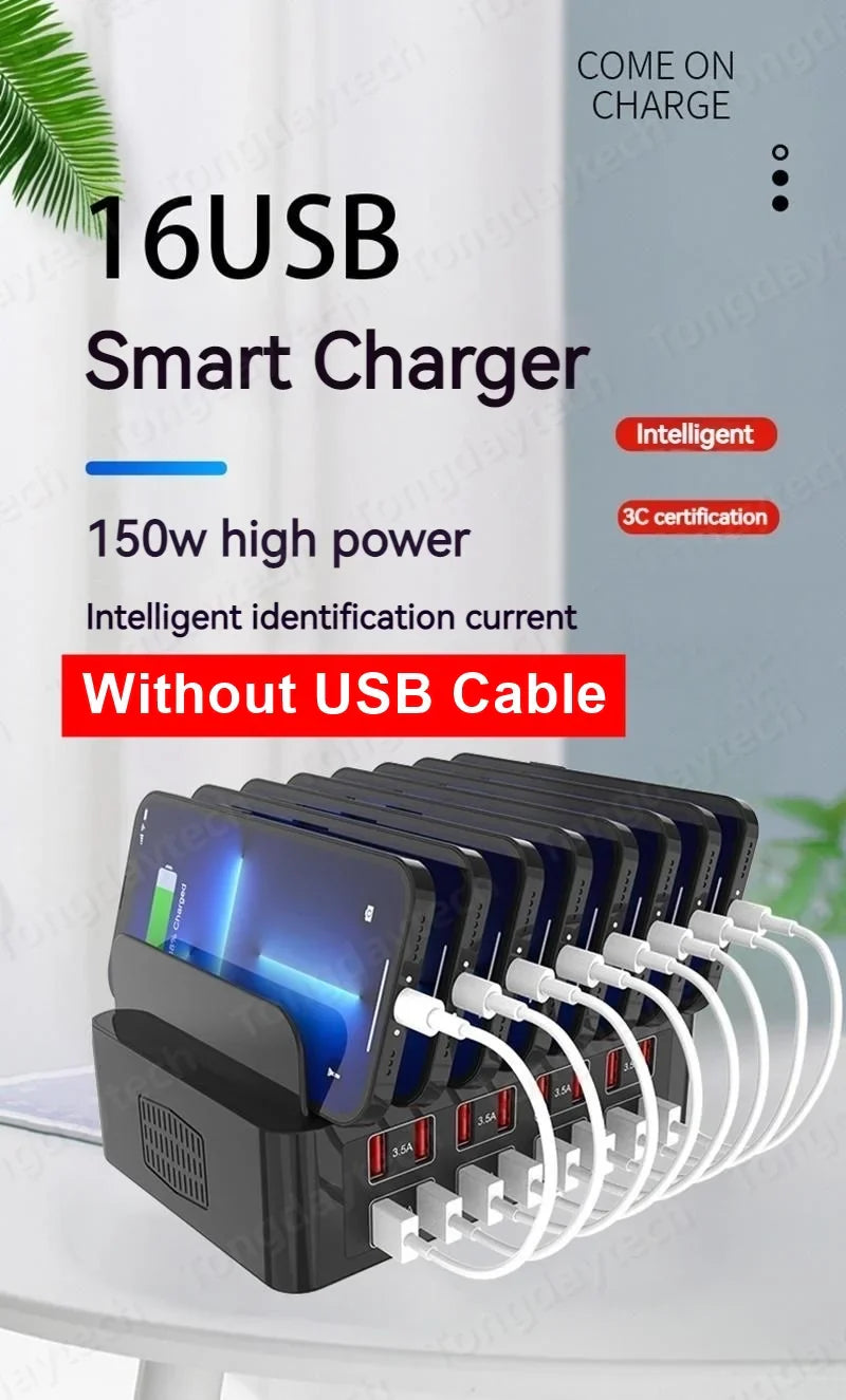150W Universal Multi USB Fast Charger – 16-Port 3.5A Max Charging Station Stand for iPad, iPhone 14/13, Samsung S22, Xiaomi Tablet