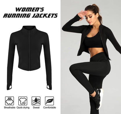 Women's Slim Fit Yoga Crop Top Jacket with Thumb Holes - Long Sleeved Fitness Coat for Gym Workouts