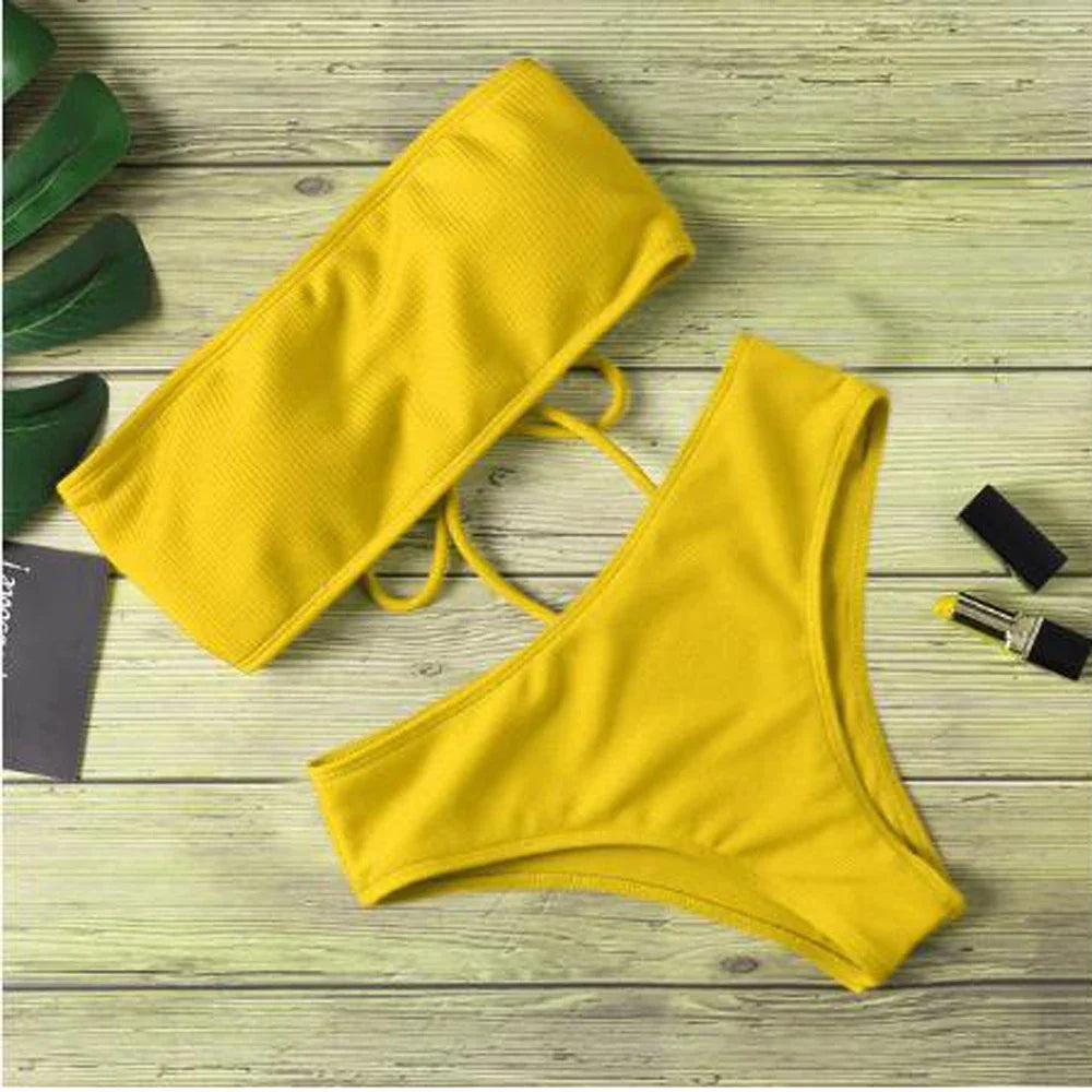 Women’s Tie Thong Bikini Set – Ultrathin Brazilian One-Piece Swimwear with Bandage Tube Bra Lingerie