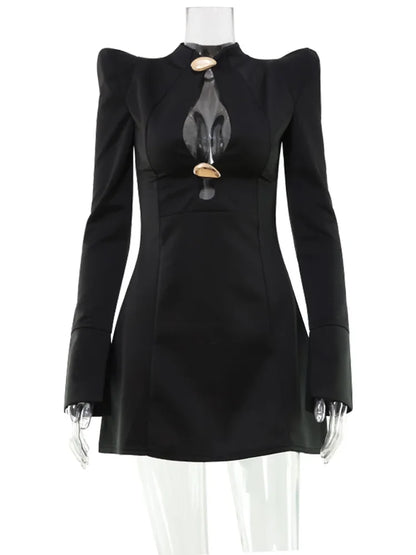 CNYISHE Women’s Metal Buckle Hollow Out Bodycon Dress – Long Sleeve O-Neck Sexy Club Sheath Chic Autumn Fashion Slim Fit Robe