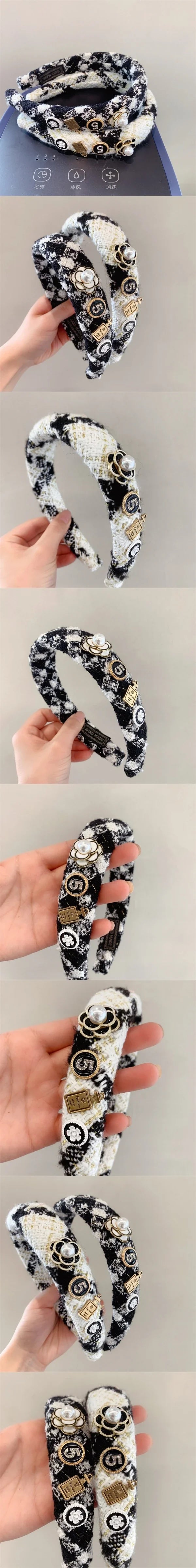 Black & White Camellia Embroidery Hairband – Woolen Weave Padded Headband for Women, French Fashion, Autumn/Winter 2023