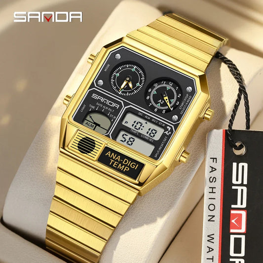 SANDA 3192 LED Electronic Men's Watch – Square Casual Multi-Function Thermometer Stopwatch Chronograph