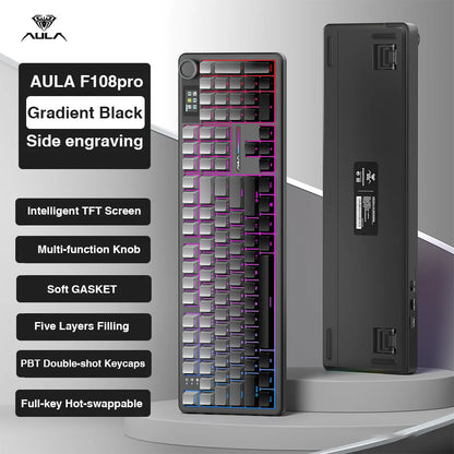 AULA F108 Pro Full-Size Gaming Keyboard – Wireless Bluetooth, Hot-Swappable Gasket Mount, Macro Keys, TFT Smart Display