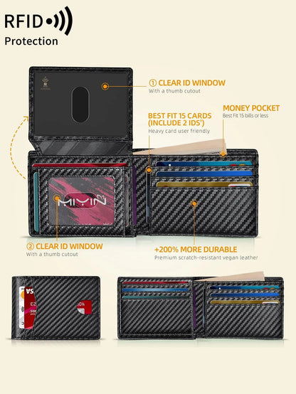 Carbon Fiber Minimalist Trifold Wallet for Men — Ultra-Thin RFID Wallet with ID Window, 13 Card Slots & Coin Holder