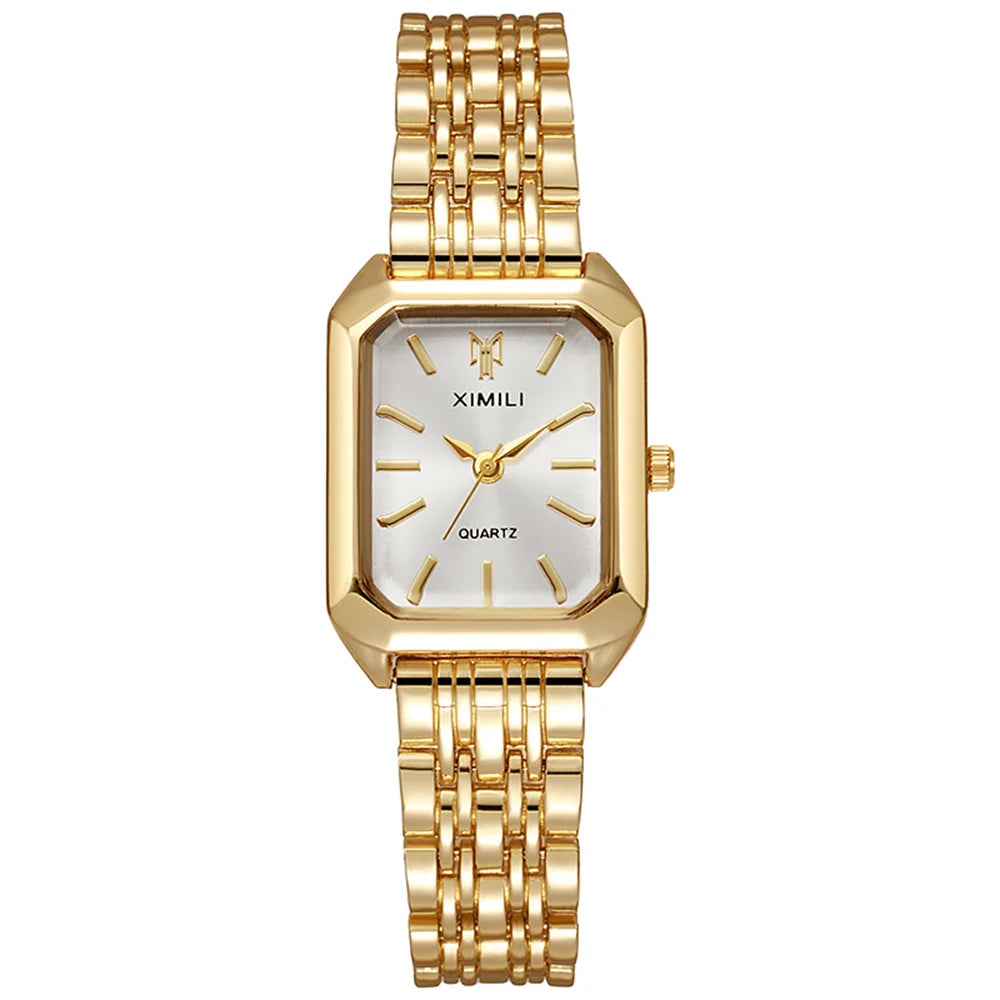Luxury Women's Square Quartz Watch – Gold-Plated Stainless Steel Business Timepiece